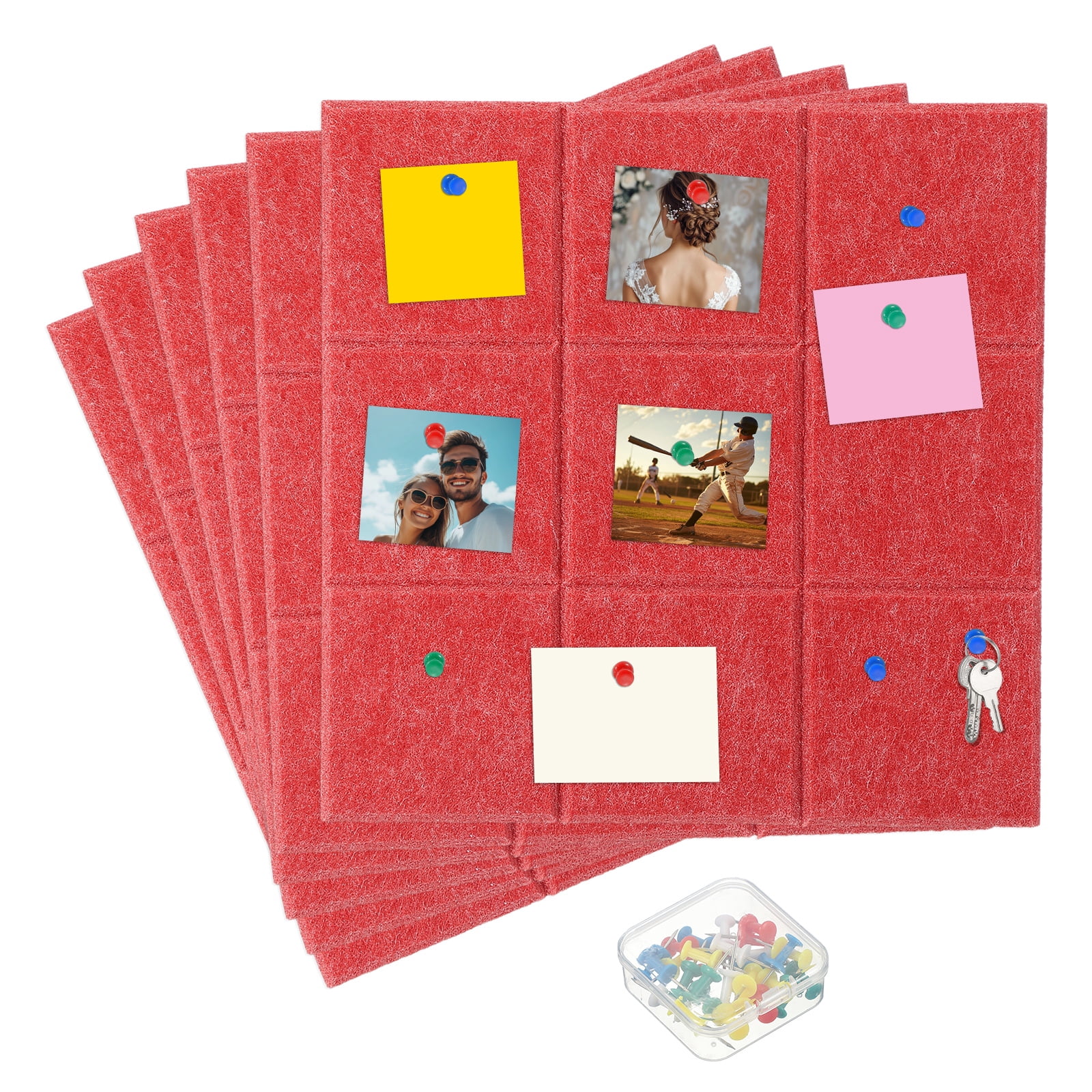 Uxcell 12" x 12" Felt Wall Tile, 6 Pack Felt Wall Tiles Bulletin Board with 20 Safe Removable Adhesive Tabs Cork Boards for Walls Home Office Photos, Red