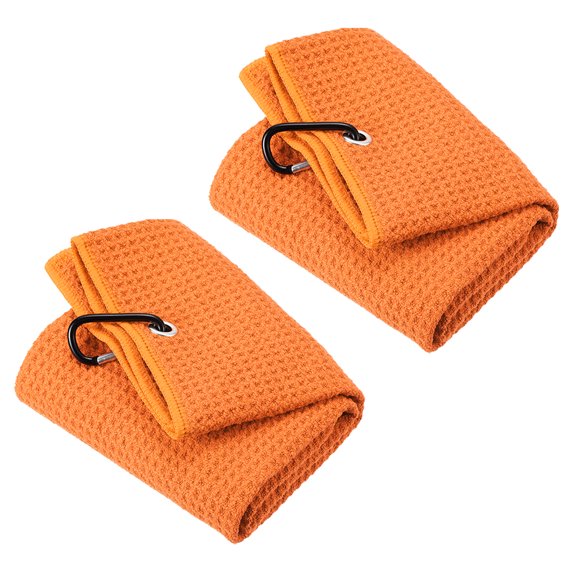 Uxcell 12"x12" Golf Towels Tri Fold Waffle Pattern Towels Soft Fiber with D Clip Orange 2 Pack