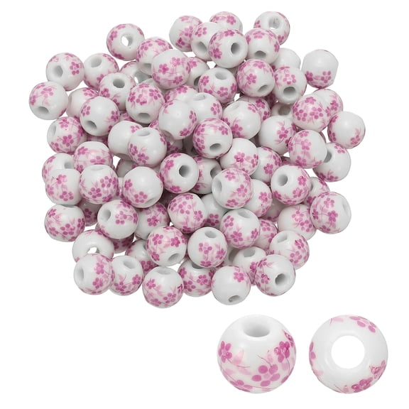 Uxcell 120 Pcs Ceramic Beads for Jewelry Making, 10mm Flower Printed Porcelain Beads Handmade Glazing Beading Supplies for Earring Necklace Bracelets DIY Crafts, Pink Floral