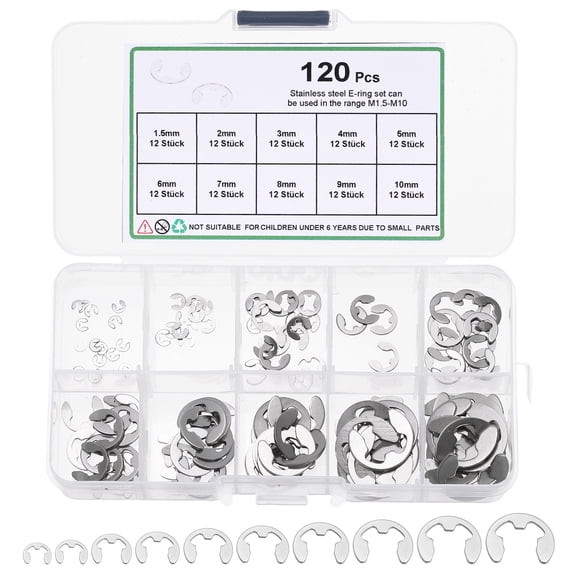 Uxcell 120 Pcs E-clip External Retaining Rings, 304 Stainless Steel Snap Ring Kit, Silver