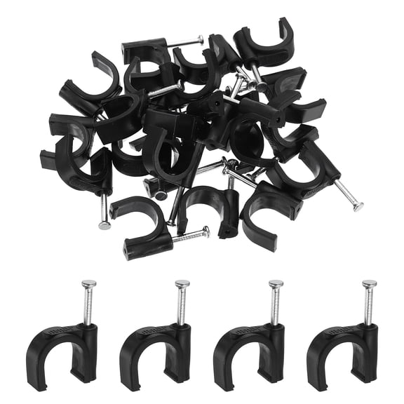 Uxcell 120pcs Cable Clips with Nail 14mm ID Circular Single Half Clamp J-Hook with Nail Cord Clips for Wires on Wall for Ethernet Tacks Coax Pex Tubing Pipe Support, Black