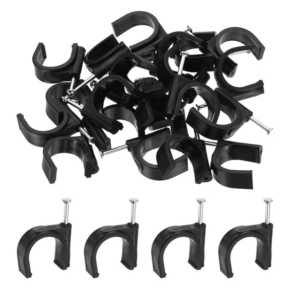 Uxcell 120pcs Cable Clips with Nail 22mm ID Circular Single Half Clamp J-Hook with Nail Cord Clips for Wires on Wall for Ethernet Tacks Coax Pex Tubing Pipe Support, Black
