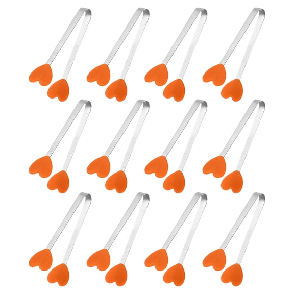 Uxcell 12PCS Silicone Mini Tongs, 12cm/5" Heart Shape Small Food Tongs with Stainless Steel Handle, Non Slip Heat Resistant Tips for Kitchen Sweets Ice Cubes Salad Sugar Fruits, Orange