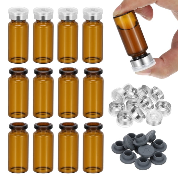 Uxcell 12Pcs 10ml Amber Borosilicate Glass Sample Vials for Lab Solid Liquid Powder Storage, Matt Silver Tone