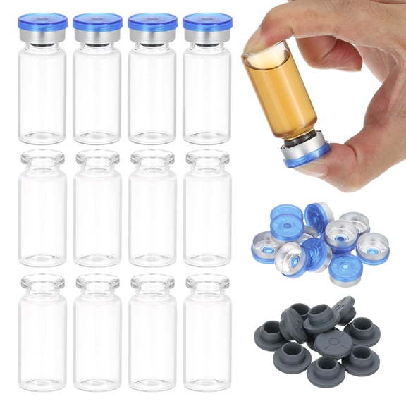 Uxcell 12Pcs 10ml Clear Borosilicate Glass Sample Vials for Lab Solid Liquid Powder Storage, Blue Silver Tone