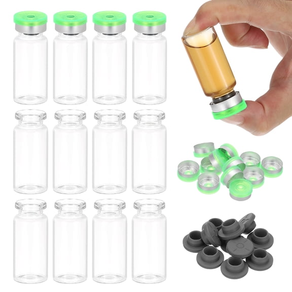 Uxcell 12Pcs 10ml Clear Borosilicate Glass Sample Vials for Lab Solid Liquid Powder Storage, Green Silver Tone