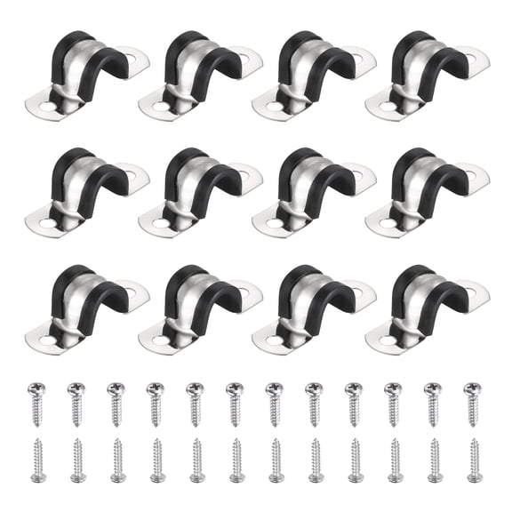 Uxcell 12Pcs 16mm(5/8") Cable Clamp, 304 Stainless Steel Rubber Coated Cushion Insulated Cable Clamps U Holder Pipe Strap with M4x20mm Screws for Tube Hose Wire Installation, Black