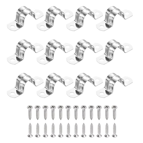 Uxcell 12Pcs 18mm(11/16")304 Stainless Steel Rigid Pipe Strap, Two Hole Strap U Bracket Heavy Duty Pipe Conduit Clamp with Self-Tapping Screws for Hose Wire Installation, Silver
