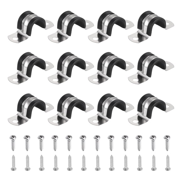Uxcell 12Pcs 18mm(11/16") Cable Clamp, 304 Stainless Steel Rubber Coated Cushion Insulated Cable Clamps U Holder Pipe Strap with M4x20mm Screws for Tube Hose Wire Installation, Black