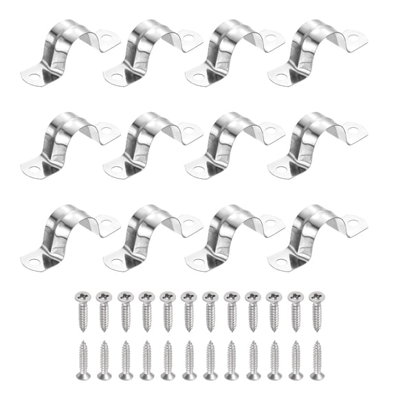 Uxcell 12Pcs 22mm(7/8")304 Stainless Steel Rigid Pipe Strap, Two Hole Strap U Bracket Heavy Duty Pipe Conduit Clamp with Self-Tapping Screws for Hose Wire Installation, Silver