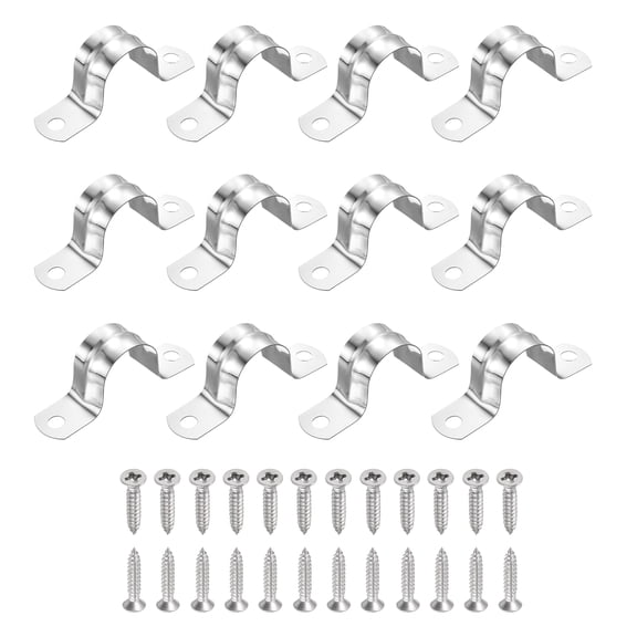 Uxcell 12Pcs 25mm(1")304 Stainless Steel Rigid Pipe Strap, Two Hole Strap U Bracket Heavy Duty Pipe Conduit Clamp with Self-Tapping Screws for Hose Wire Installation, Silver