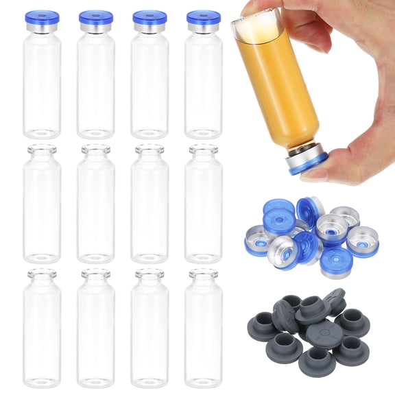 Uxcell 12Pcs 30ml Clear Borosilicate Glass Sample Vials for Lab Solid Liquid Powder Storage, Blue Silver Tone