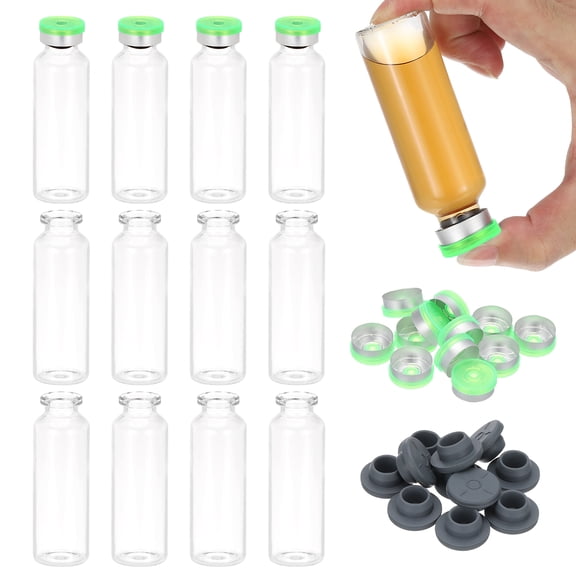 Uxcell 12Pcs 30ml Clear Borosilicate Glass Sample Vials for Lab Solid Liquid Powder Storage, Green Silver Tone
