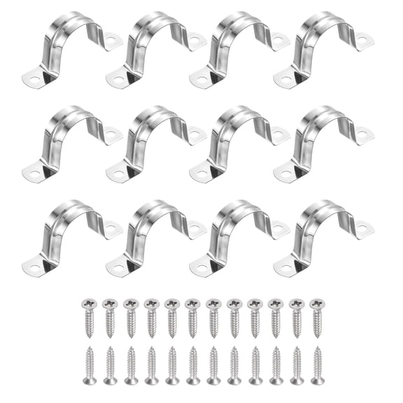 Uxcell 12Pcs 32mm(1-1/4")304 Stainless Steel Rigid Pipe Strap, Two Hole Strap U Bracket Heavy Duty Pipe Conduit Clamp with Self-Tapping Screws for Hose Wire Installation, Silver