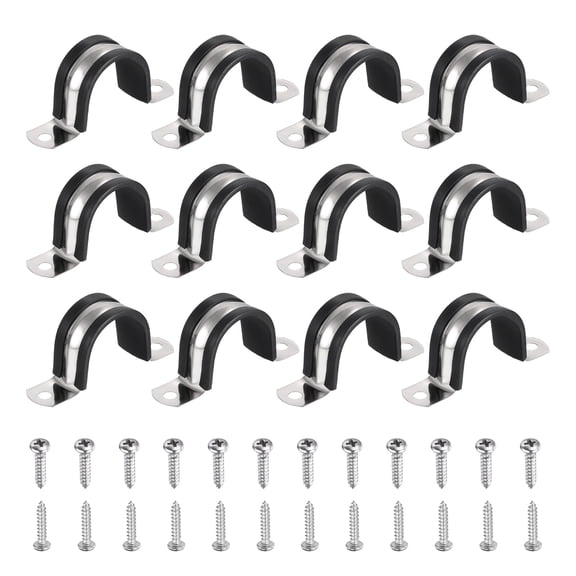 Uxcell 12Pcs 32mm(1-1/4") Cable Clamp, 304 Stainless Steel Rubber Coated Cushion Insulated Cable Clamps U Holder Pipe Strap with M4x20mm Screws for Tube Hose Wire Installation, Black