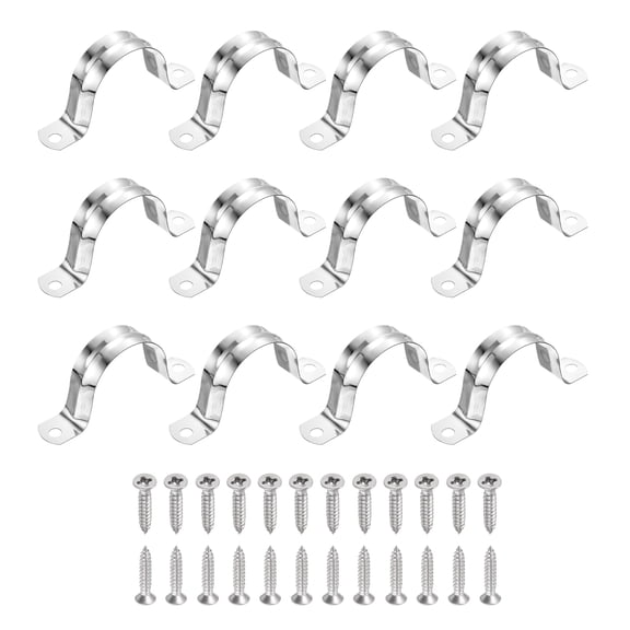 Uxcell 12Pcs 45mm(1-3/4")304 Stainless Steel Rigid Pipe Strap, Two Hole Strap U Bracket Heavy Duty Pipe Conduit Clamp with Self-Tapping Screws for Hose Wire Installation, Silver
