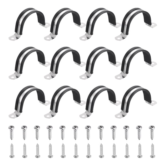Uxcell 12Pcs 48mm(1-7/8") Cable Clamp, 304 Stainless Steel Rubber Coated Cushion Insulated Cable Clamps U Holder Pipe Strap with M4x20mm Screws for Tube Hose Wire Installation, Black