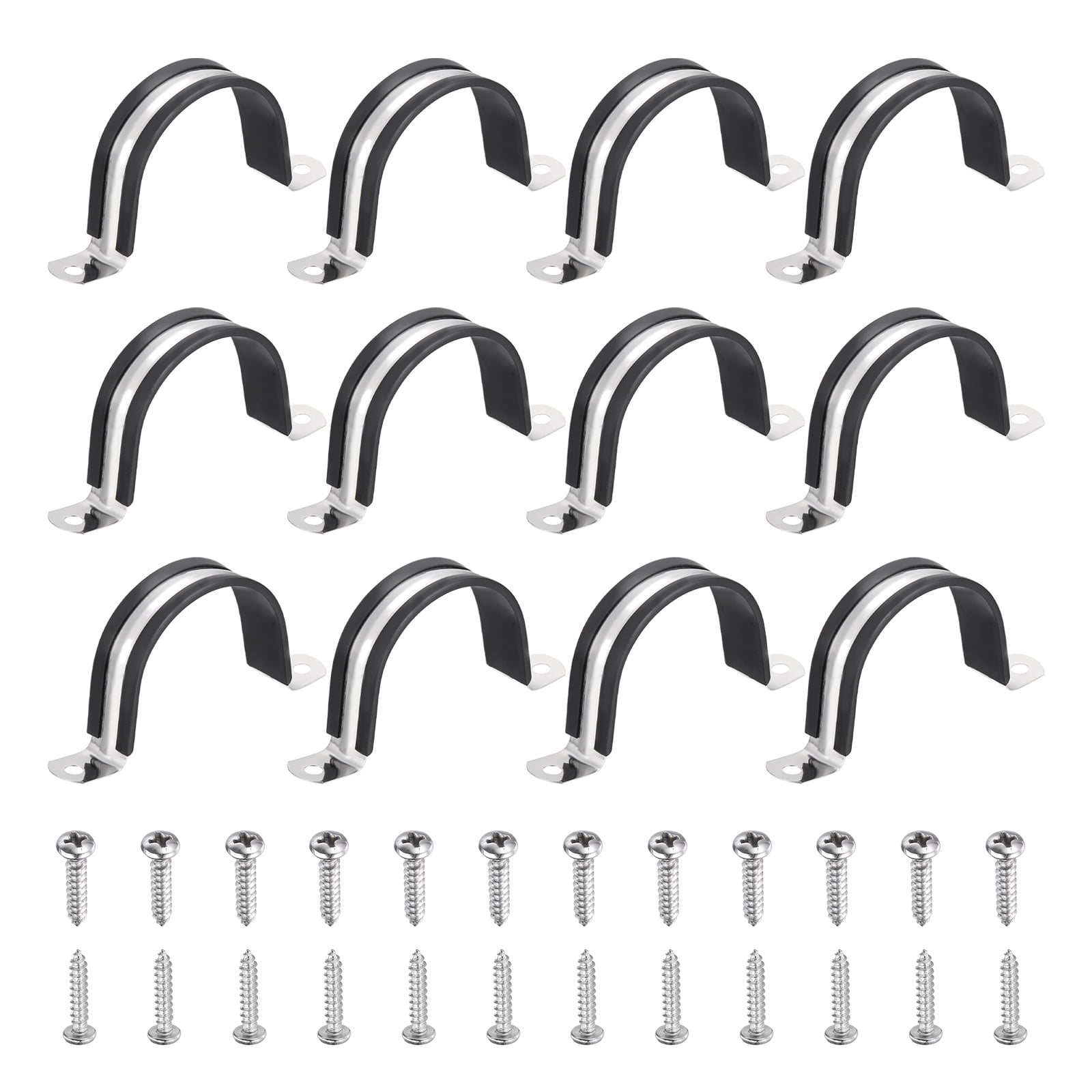 Uxcell 12Pcs 55mm(2-3/16") Cable Clamp, 304 Stainless Steel Rubber Coated Cushion Insulated Cable Clamps U Holder Pipe Strap with M4x20mm Screws for Tube Hose Wire Installation, Black
