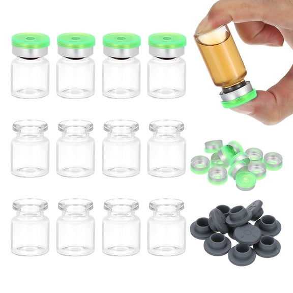 Uxcell 12Pcs 5ml Clear Borosilicate Glass Sample Vials for Lab Solid Liquid Powder Storage, Green Silver Tone