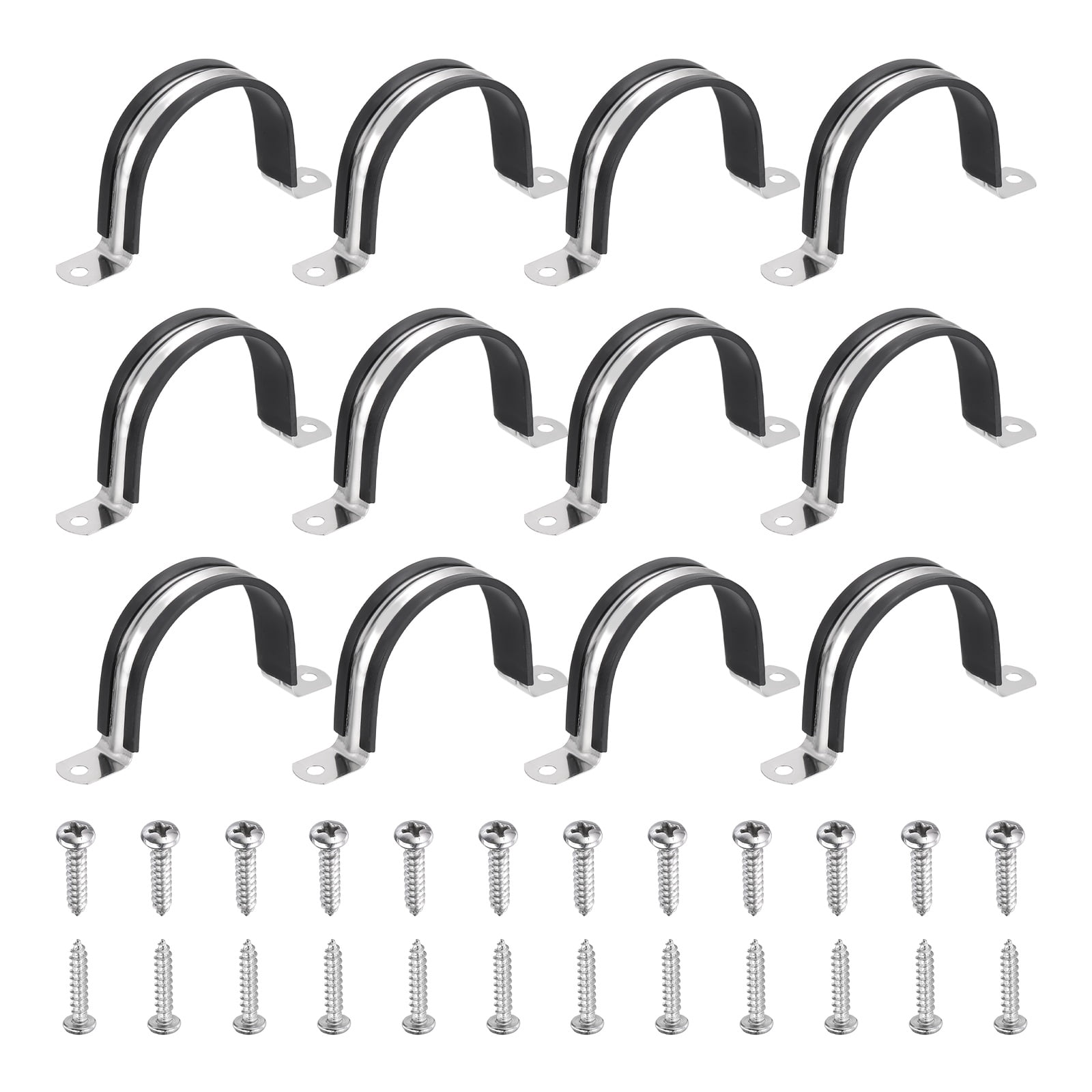 Uxcell 12Pcs 60mm(2-3/8") Cable Clamp, 304 Stainless Steel Rubber Coated Cushion Insulated Cable Clamps U Holder Pipe Strap with M4x20mm Screws for Tube Hose Wire Installation, Black