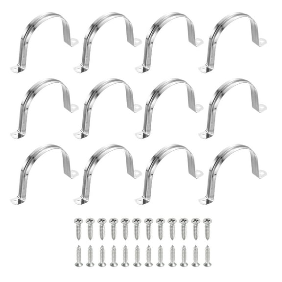 Uxcell 12Pcs 80mm(3-1/8")304 Stainless Steel Rigid Pipe Strap, Two Hole Strap U Bracket Heavy Duty Pipe Conduit Clamp with Self-Tapping Screws for Hose Wire Installation, Silver