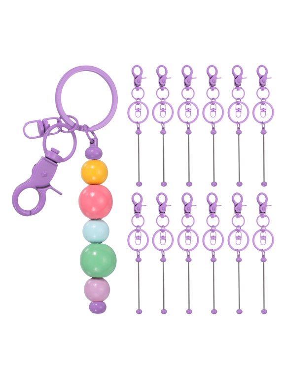 12Pcs Beadable Keychains, Metal DIY Beaded Keychain Making Kit with Lobster Hook for Crafts, Candy Purple