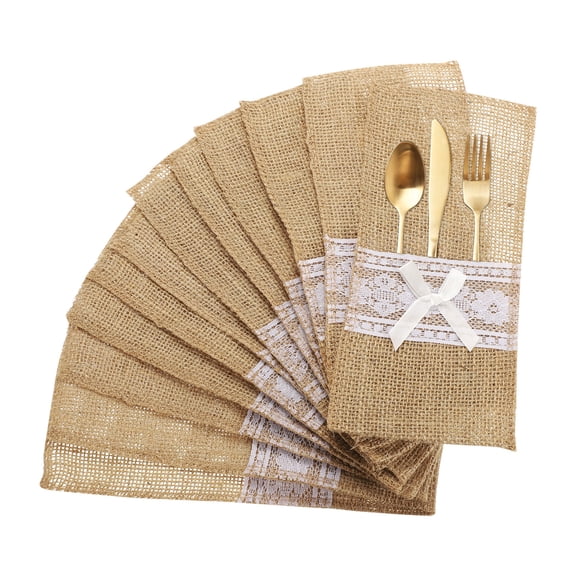 Uxcell 12Pcs Burlap Lace Utensil Holder Cutlery Pouch Silverware Holder with Bow