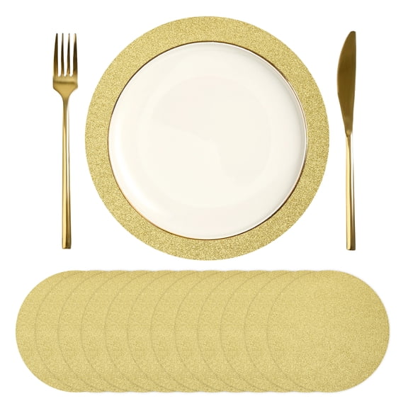 Uxcell 12Pcs Disposable Round Placemats, 13" Chargers Place Mats Metallic Thin Mesh Table Mates Pressed Foil Table Doilies for Dining Table Wedding Birthday Party Home Decor, Gold