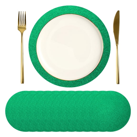 Uxcell 12Pcs Disposable Round Placemats, 13" Chargers Place Mats Metallic Thin Mesh Table Mates Pressed Foil Table Doilies for Dining Table Wedding Birthday Party Home Decor, Green