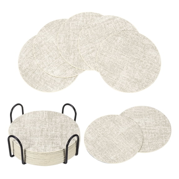 Uxcell 12Pcs Drink Coasters with Holder, 4"x4" Dual Sided Round Coasters, Beige