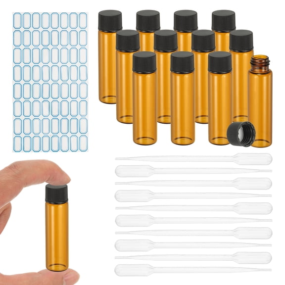 Uxcell 12Pcs Glass Sample Vials, 12ml Clear Brown Liquid Sample Vials Leak-Proof Storage Glass Bottles with Screw Caps Labels Droppers, Great for Lab, Essential Oil, Reagent (Clear Brown)