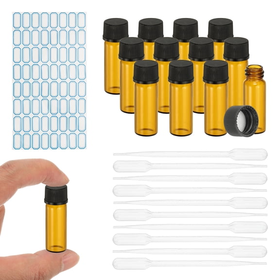 Uxcell 12Pcs Glass Sample Vials, 2ml Clear Brown Liquid Sample Vials Leak-Proof Storage Glass Bottles with Screw Caps Labels Droppers, Great for Lab, Essential Oil, Reagent (Clear Brown)