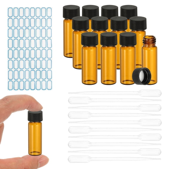 Uxcell 12Pcs Glass Sample Vials, 4ml Clear Brown Liquid Sample Vials Leak-Proof Storage Glass Bottles with Screw Caps Labels Droppers, Great for Lab, Essential Oil, Reagent (Clear Brown)