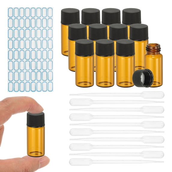 Uxcell 12Pcs Glass Sample Vials, 5ml Clear Brown Liquid Sample Vials Leak-Proof Storage Glass Bottles with Screw Caps Labels Droppers, Great for Lab, Essential Oil, Reagent (Clear Brown)
