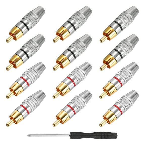 12Pcs RCA Cable Solderless Adapter, Audio/Video Speaker Wire Connector RCA Male Plugs Silver, Gold(Includes Screwdriver)