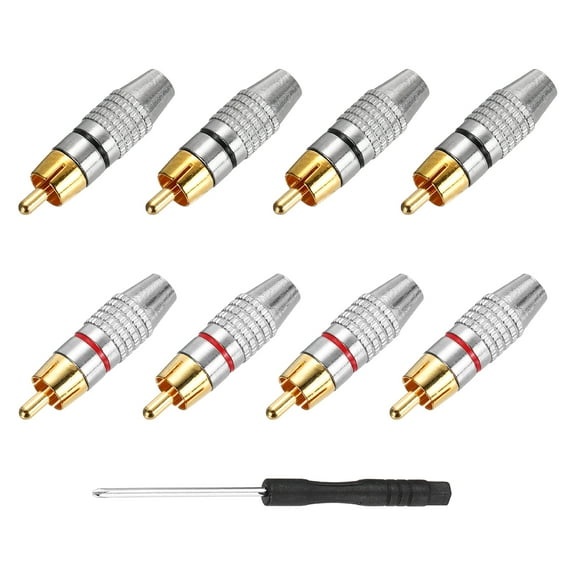 8Pcs RCA Cable Solderless Adapter, Audio/Video Speaker Wire Connector RCA Male Plugs Silver, Gold(Includes Screwdriver)