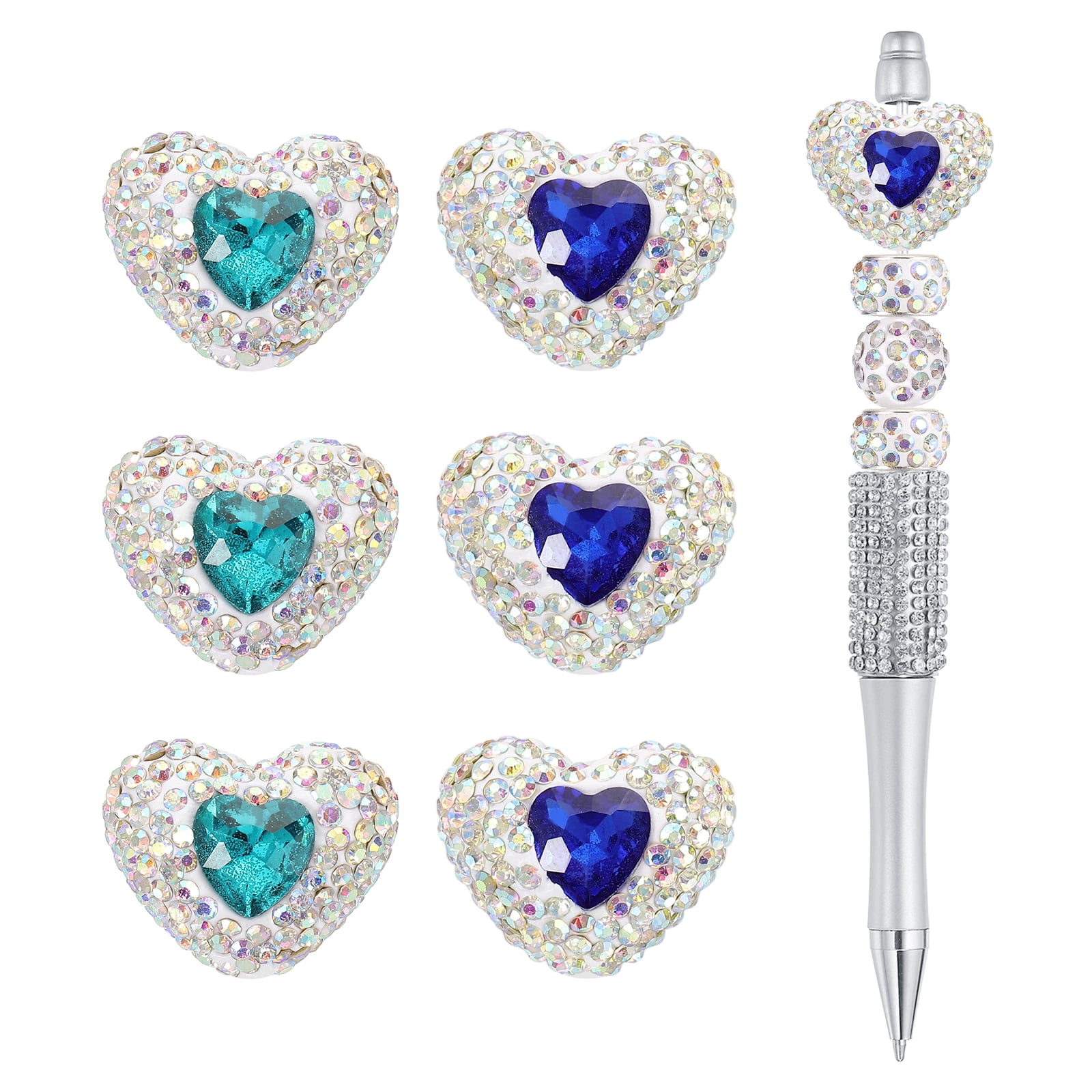 Uxcell 12Pcs Rhinestone Beads for Pens Heart Shape Fancy Focal Beads Bling Rhinestone for Beadable Pens Jewelry Making Keychain DIY Handicrafts(Lake Blue, Sea Blue)