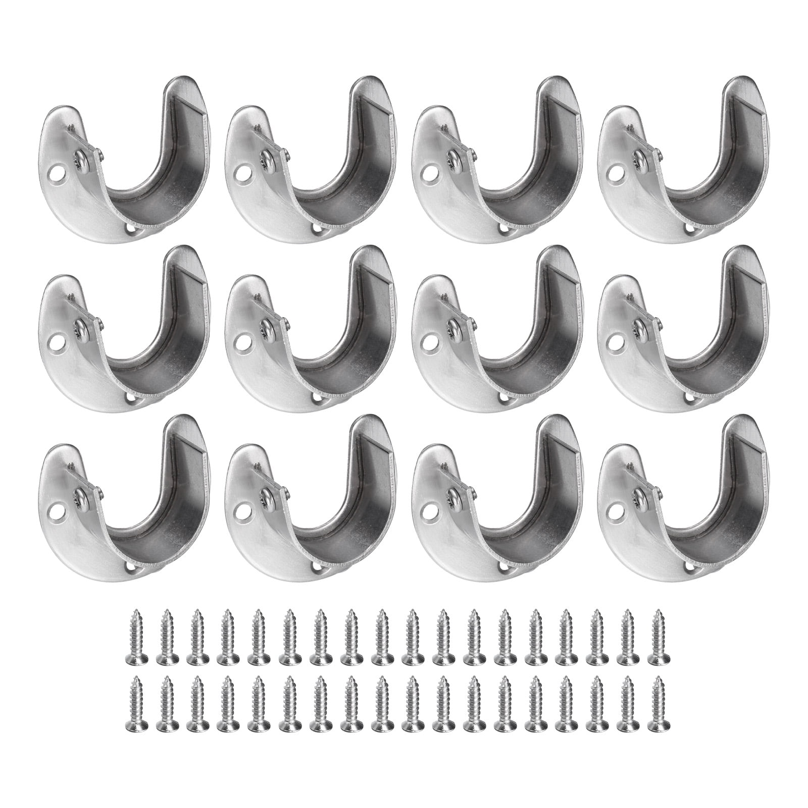 Uxcell 12Pcs Stainless Steel Closet Rod Brackets, 1.25inch Dia U-Shaped Open Type Wardrobe Holder with Screws, Shower Curtain Rod Pole End Supports Sockets Flange, Silver Tone