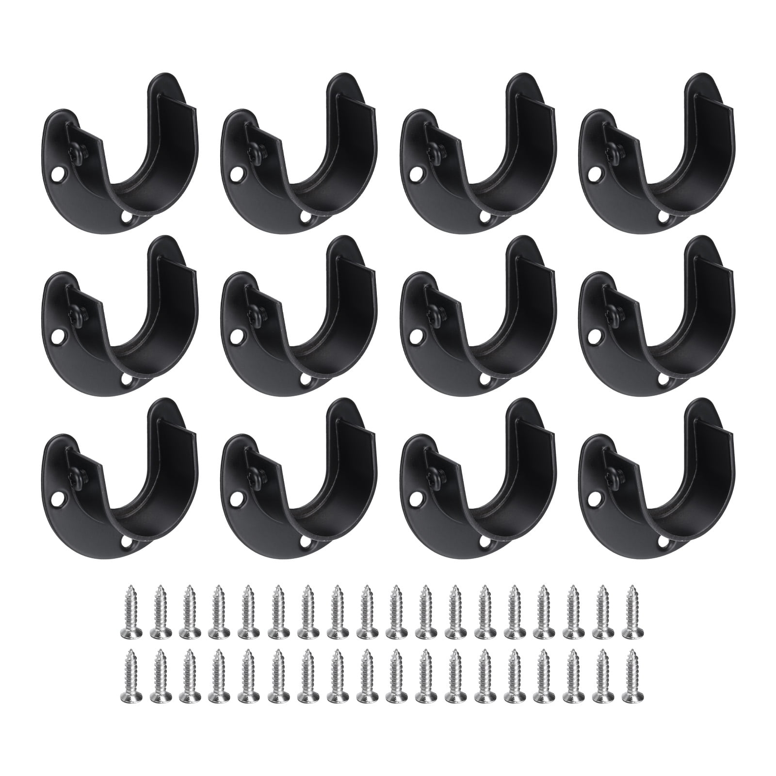Uxcell 12Pcs Stainless Steel Closet Rod Brackets, 1.25inch Dia U-Shaped Open Type Wardrobe Holder with Screws, Shower Curtain Rod Pole End Supports Sockets Flange, Black
