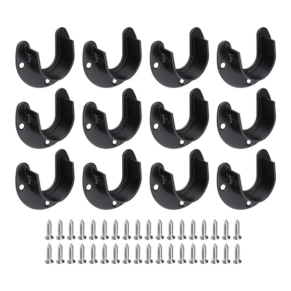 Uxcell 12Pcs Stainless Steel Closet Rod Brackets, 1.25inch Dia U-Shaped Open Type Wardrobe Holder with Screws, Shower Curtain Rod Pole End Supports Sockets Flange, Black