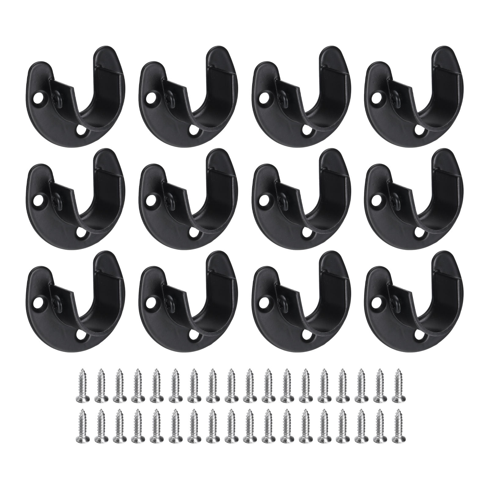 Uxcell 12Pcs Stainless Steel Closet Rod Brackets, 3/4 Inch Dia U-Shaped Open Type Wardrobe Holder with Screws, Shower Curtain Rod Pole End Supports Sockets Flange, Black