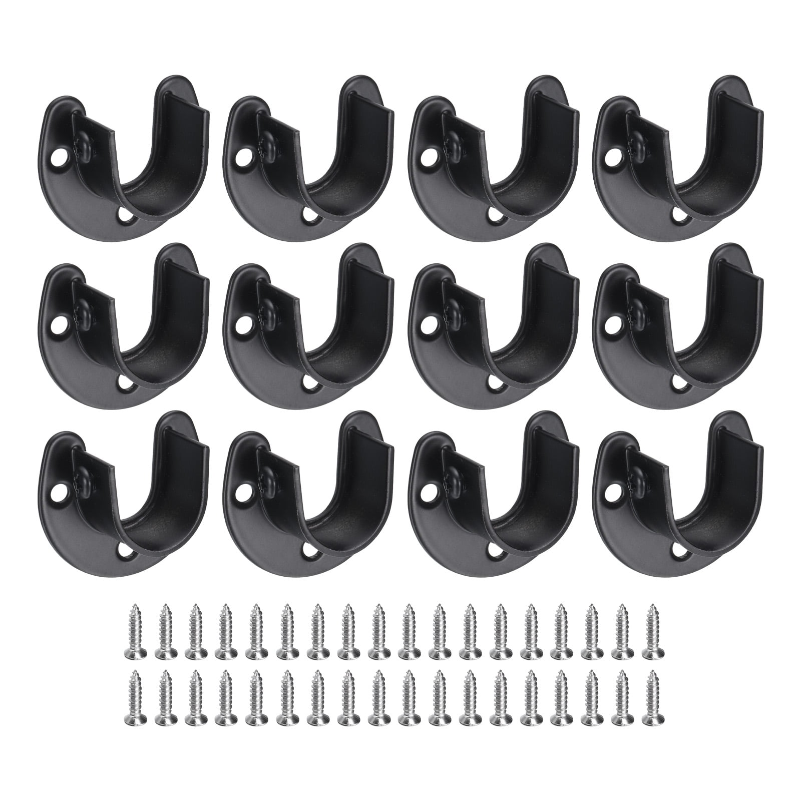 Uxcell 12Pcs Stainless Steel Closet Rod Brackets, 7/8 Inch Dia U-Shaped Open Type Wardrobe Holder with Screws, Shower Curtain Rod Pole End Supports Sockets Flange, Black