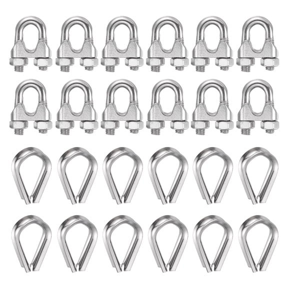 Uxcell 12Set Wire Rope Cable Clip Clamps 1/2 Inch M12 Small 304 Stainless Steel U Bolt Saddle Fasteners Hardware with Thimble for Secure Rigging Marine Guy Line Fence Clothesline, Silver
