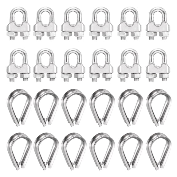Uxcell 12Set Wire Rope Cable Clip Clamps 1/4 Inch M6 Small 304 Stainless Steel U Bolt Saddle Fasteners Hardware with Thimble for Secure Rigging Marine Guy Line Fence Clothesline, Silver