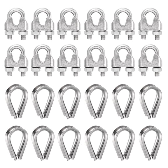 Uxcell 12Set Wire Rope Cable Clip Clamps 5/16 Inch M8 Small 304 Stainless Steel U Bolt Saddle Fasteners Hardware with Thimble for Secure Rigging Marine Guy Line Fence Clothesline, Silver