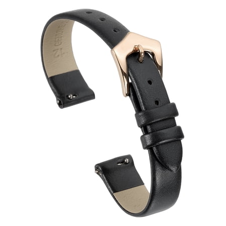 Uxcell 12mm Black Genuine Leather Watch Bands with Rose Gold Buckle for Women