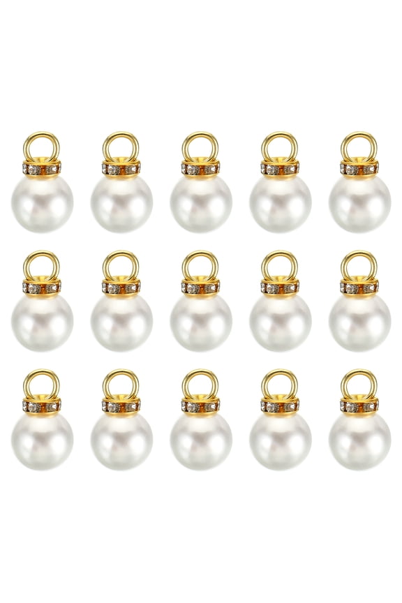 12mm Faux Pearl Pendants Drops, 100 Pack Round Imitation Pearl Beads with Rhinestone, Golden White
