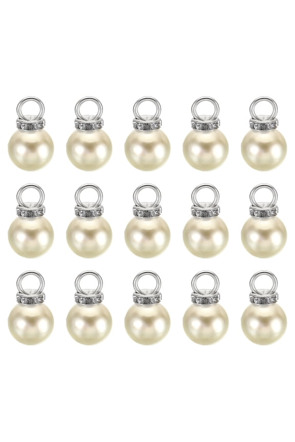 12mm Faux Pearl Pendants Drops, 100 Pack Round Imitation Pearl Beads with Rhinestone, Silver Beige