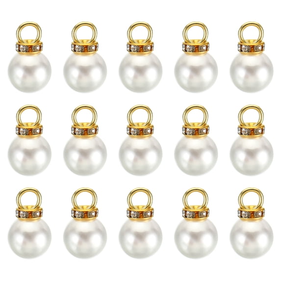 Uxcell 12mm Faux Pearl Pendants Drops, 200 Pack Round Imitation Pearl Beads with Rhinestone, Golden White