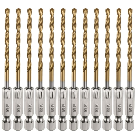 Uxcell 12pack Hex Shank Drill Bit 1/8" M35 High Speed Steel Titanium Coated Twist Drill Bit 90mm Long with 1/4" Shank